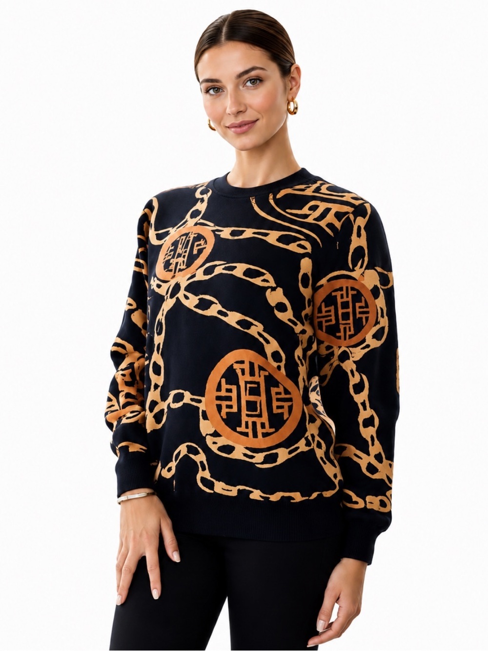 Haiying Snider Milano Luxury 100% Cotton Chain Print Sweater Size Small EUC!